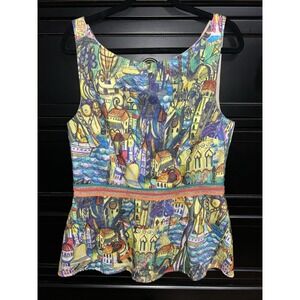 Anthropologie Weston Womens Sz S Peplum Top Illustrated Cityscape Sleeveless Art